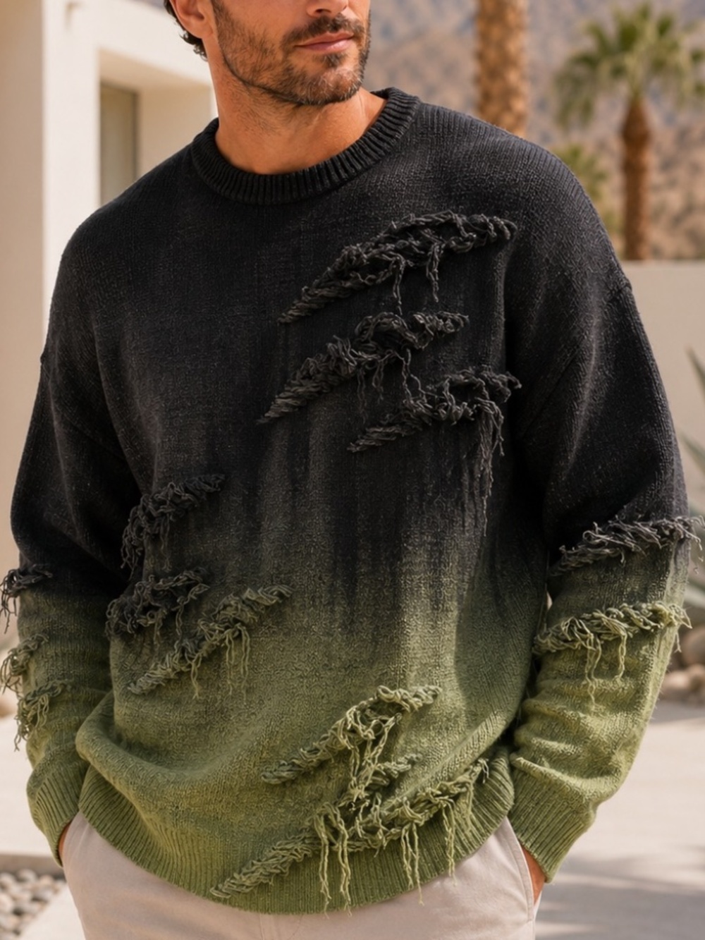 Black Green Distressed Wool Sweater Men’s Size Large 44 Chest